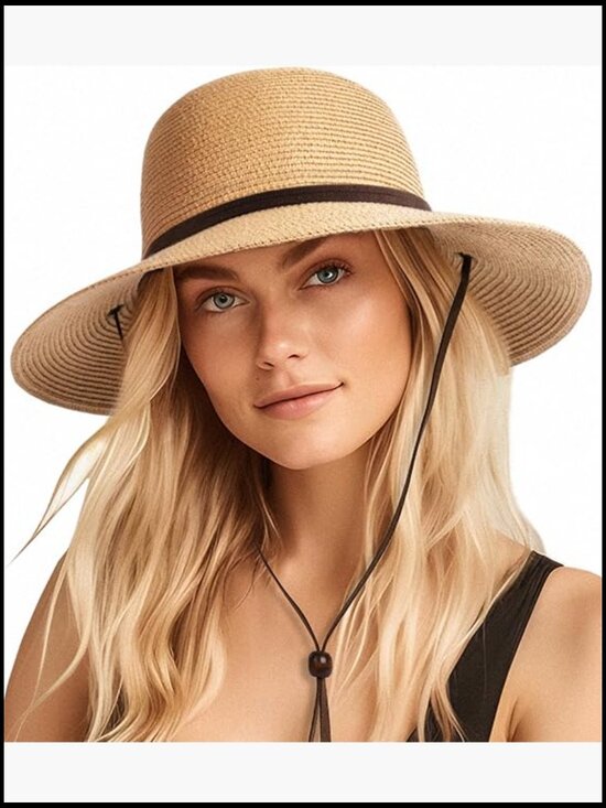 Wide Brim Sun Hat with Wind Lanyard UPF 80+ Straw Summer Beach Hat Foldable main image 6